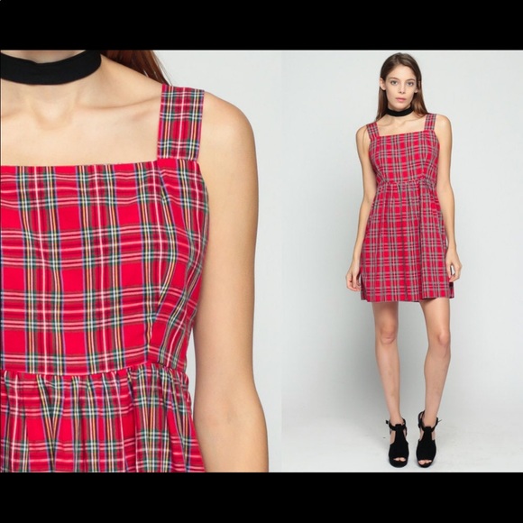 Vintage Dresses & Skirts - Red Plaid Dress 70s Babydoll Dress Mod Mini 1970s Boho Preppy Vintage Tartan med